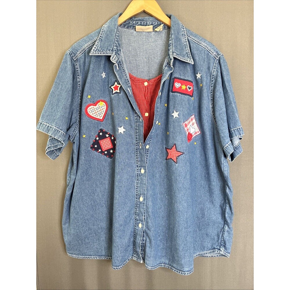 Vtg 90s At Last Patriotic 2-in-1 Denim Button Up Top Sz 22W Heart Stars Grandma